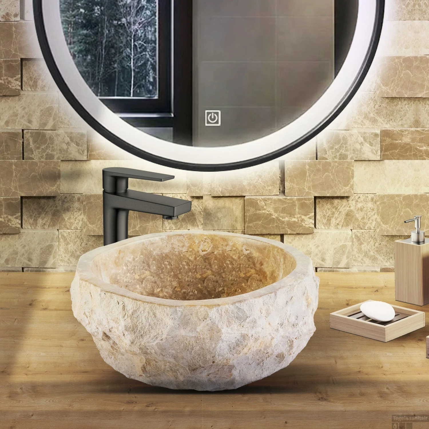 Waskom BWS Stone Rond 35x35x15 Cm Met Gepolijste Binnenzijde Natuursteen Creme 3 Waskom BWS Stone Rond 35x35x15 Cm Met Gepolijste Binnenzijde Natuursteen Creme