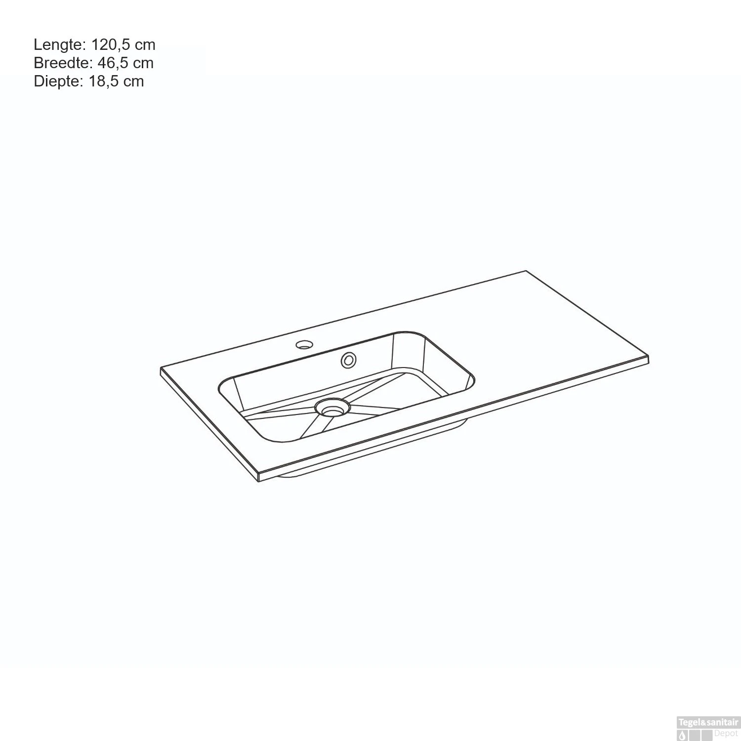 Wastafel Allibert Style 120,5x1,8x46,5 Cm Met Kraangat Polybeton Glanzend Wit - Afbeelding 2