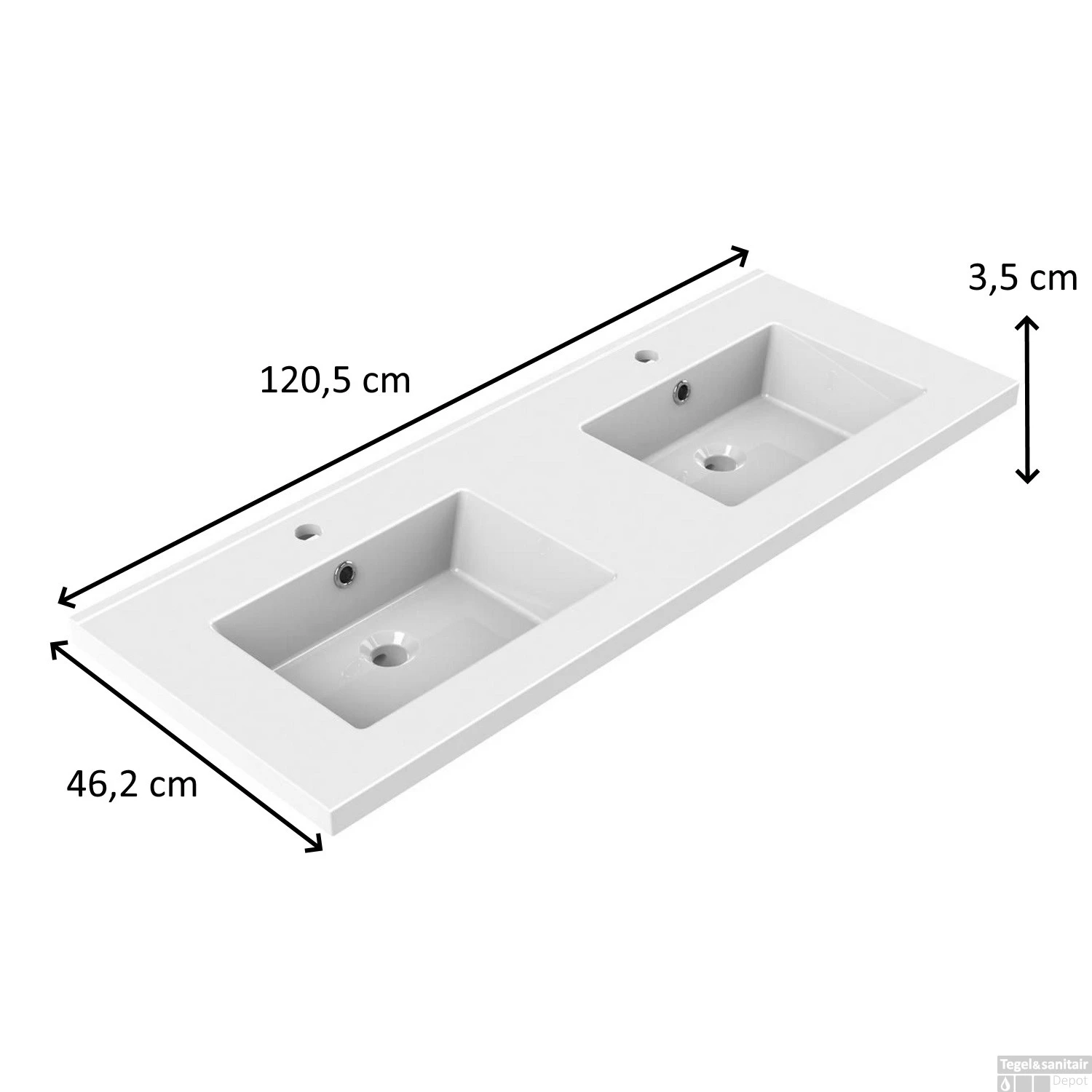 Wastafel Dubbel Allibert Tobi 120,5x46,2x3,5 Cm Met Kraangaten En Overloop Porselein Glanzend Wit 4 Wastafel Dubbel Allibert Tobi 120,5x46,2x3,5 Cm Met Kraangaten En Overloop Porselein Glanzend Wit - Afbeelding 2