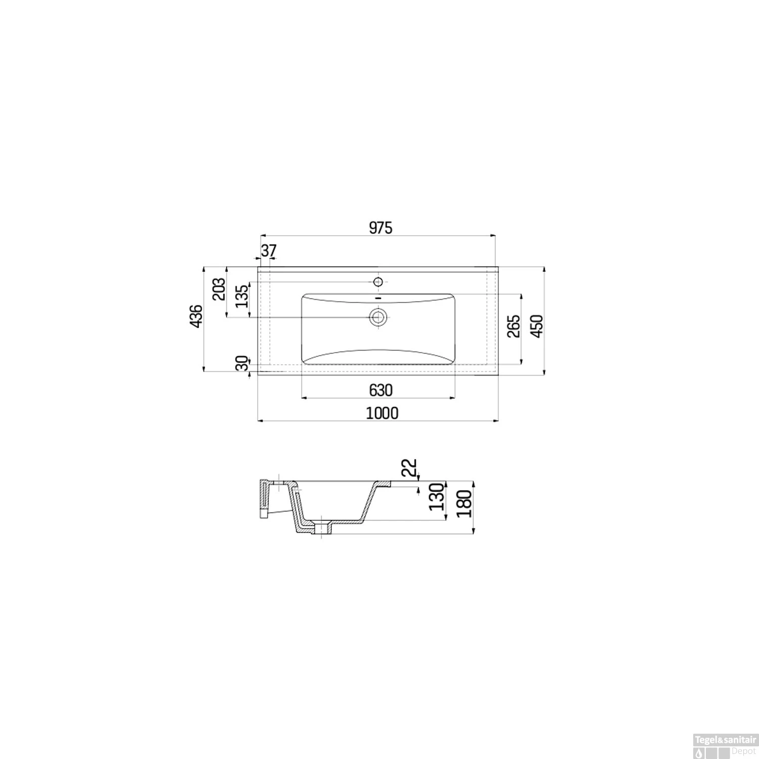 Wastafel Boss & Wessing 1 Kraangat 45x100 Cm Rechthoek Keramiek Antraciet 4 Wastafel Boss & Wessing 1 Kraangat 45x100 Cm Rechthoek Keramiek Antraciet - Afbeelding 2