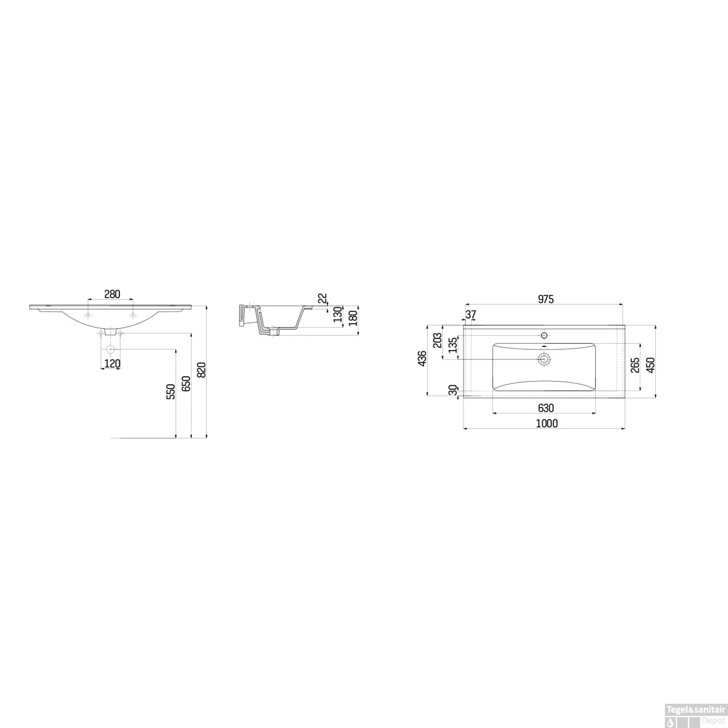 Wastafel Boss & Wessing 1 Kraangat 45x100 Cm Rechthoek Keramiek Wit 5 Wastafel Boss & Wessing 1 Kraangat 45x100 Cm Rechthoek Keramiek Wit - Afbeelding 3
