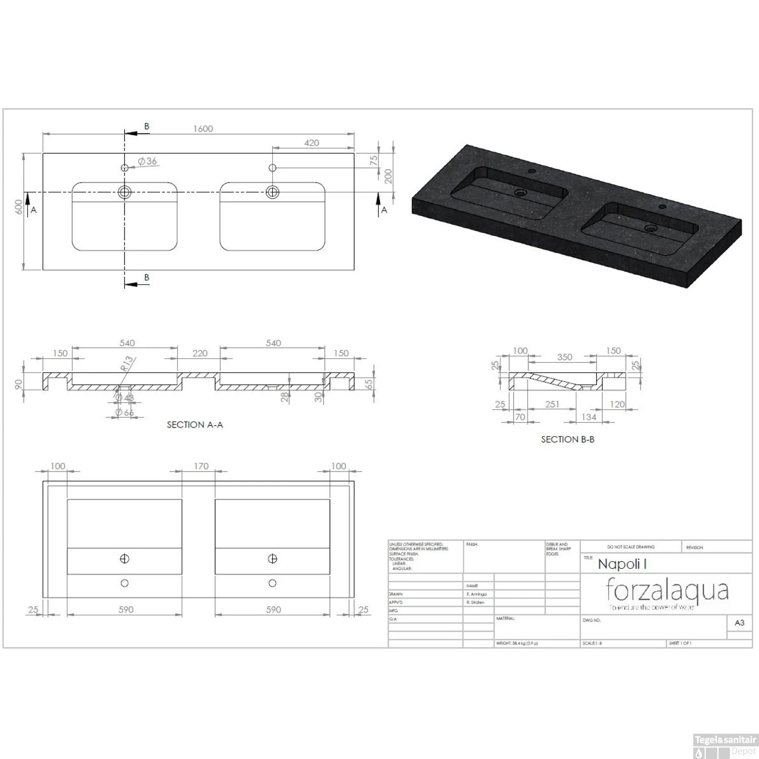 Wastafel Forzalaqua Napoli Travertin Gezoet 160x60x9 Cm 2 Kraangaten 4 Wastafel Forzalaqua Napoli Travertin Gezoet 160x60x9 Cm 2 Kraangaten - Afbeelding 2