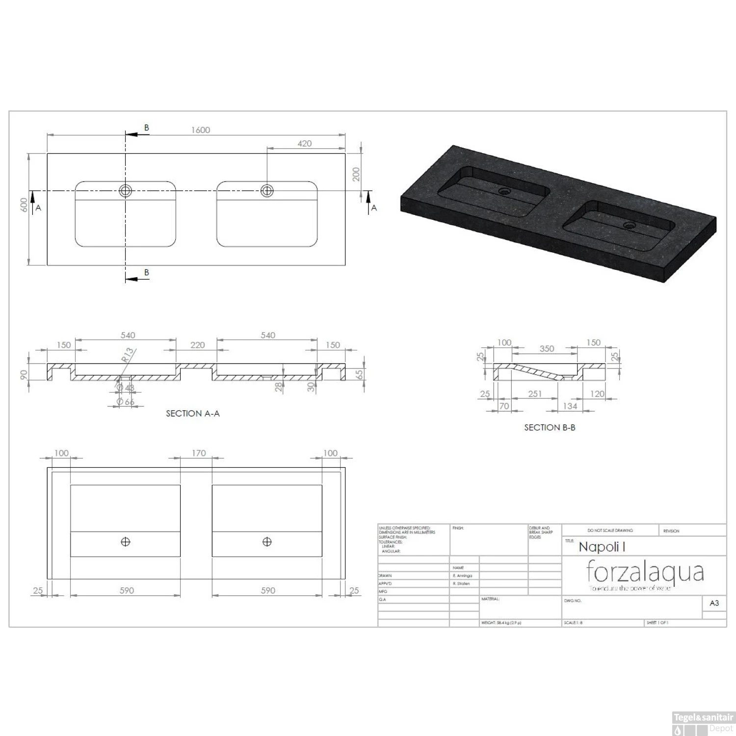 Wastafel Forzalaqua Napoli Travertin Gezoet 160x60x9 Cm Zonder Kraangat 4 Wastafel Forzalaqua Napoli Travertin Gezoet 160x60x9 Cm Zonder Kraangat - Afbeelding 2