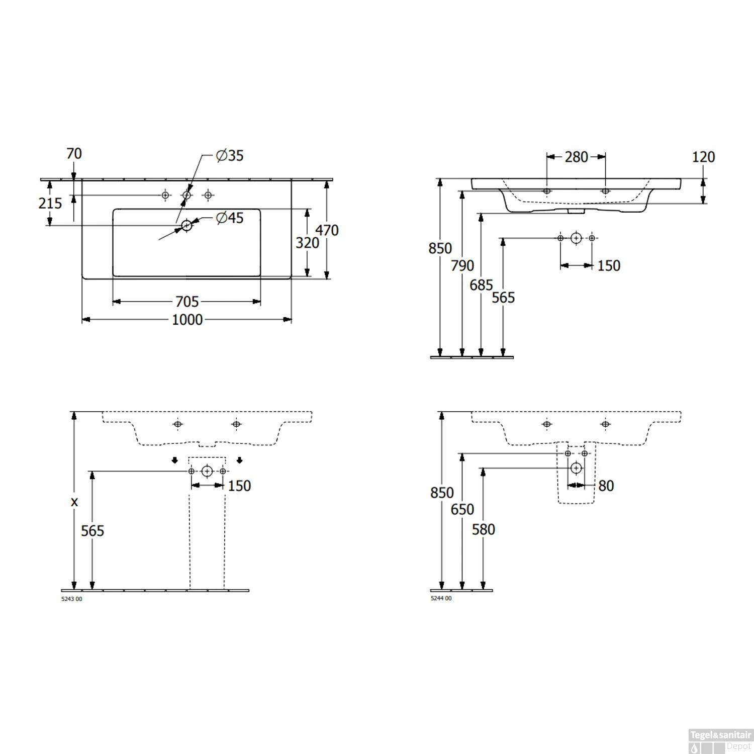 Wastafel Villeroy & Boch Subway 3.0 Met CeramicPlus Geen Kraangat Geen Overloop 100x47x16.5 Cm Wit Alpin 8 Wastafel Villeroy & Boch Subway 3.0 Met CeramicPlus Geen Kraangat Geen Overloop 100x47x16.5 Cm Wit Alpin - Afbeelding 6