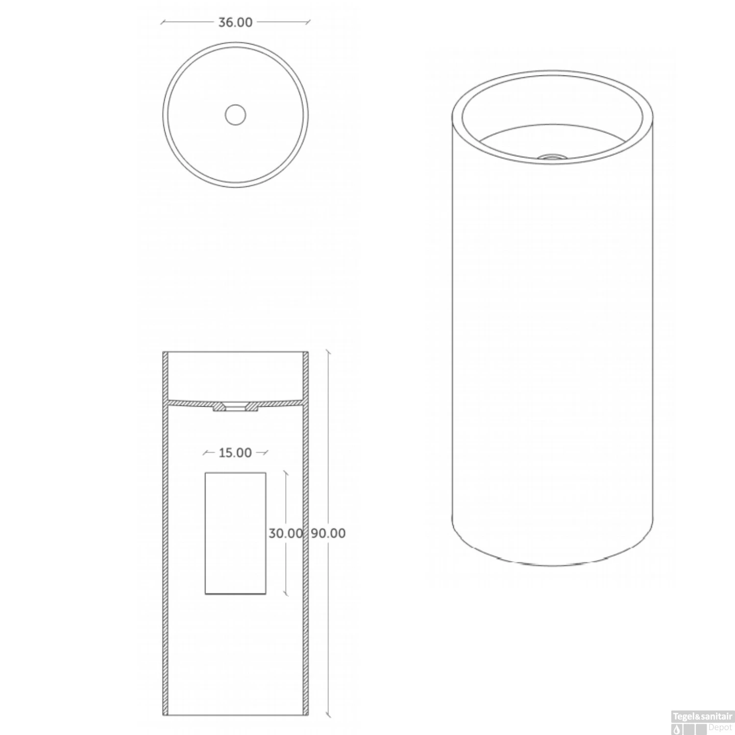 Wastafel Vrijstaand Crosstone Wendy 36x36x90 Cm Solid Surface Rond Mat Wit 5 Wastafel Vrijstaand Crosstone Wendy 36x36x90 Cm Solid Surface Rond Mat Wit - Afbeelding 3